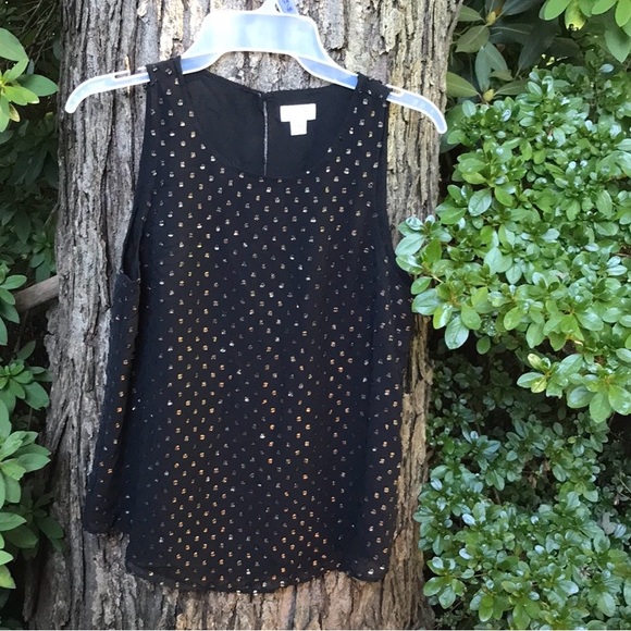 J. Crew Black Sleeveless Tank Blouse Gold Textured Dots Round Hem Lined XXS - Picture 3 of 12